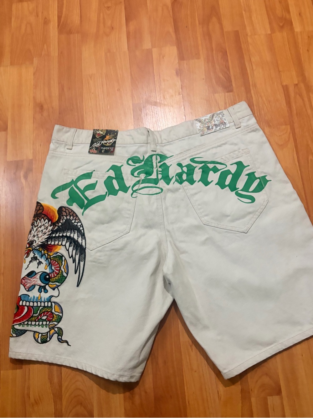 Ed Hardy Battle Skull Denim Shorts Mens 38 Y2K Skater Embroidered Tattoo